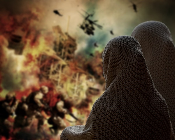 Women watching war battle in Syria